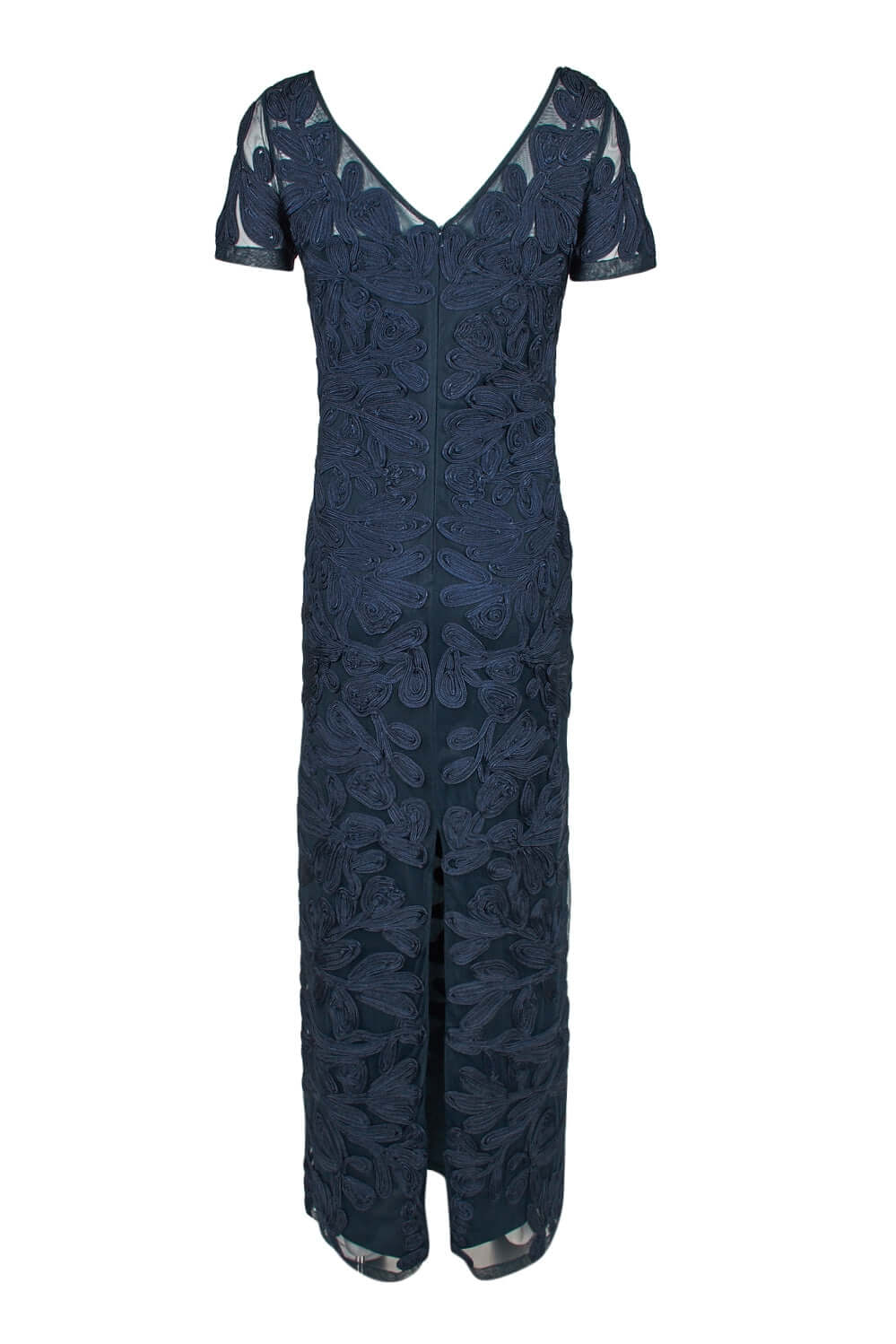 JS Collections Boat Neck Short Sleeve Zipper Slit Back Embellished Soutache Mesh Gown - NAVY - Back