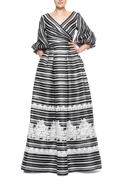 Theia V-Neck 3/4 Sleeve Zipper Back Stripe Print Embellished Organza Gown