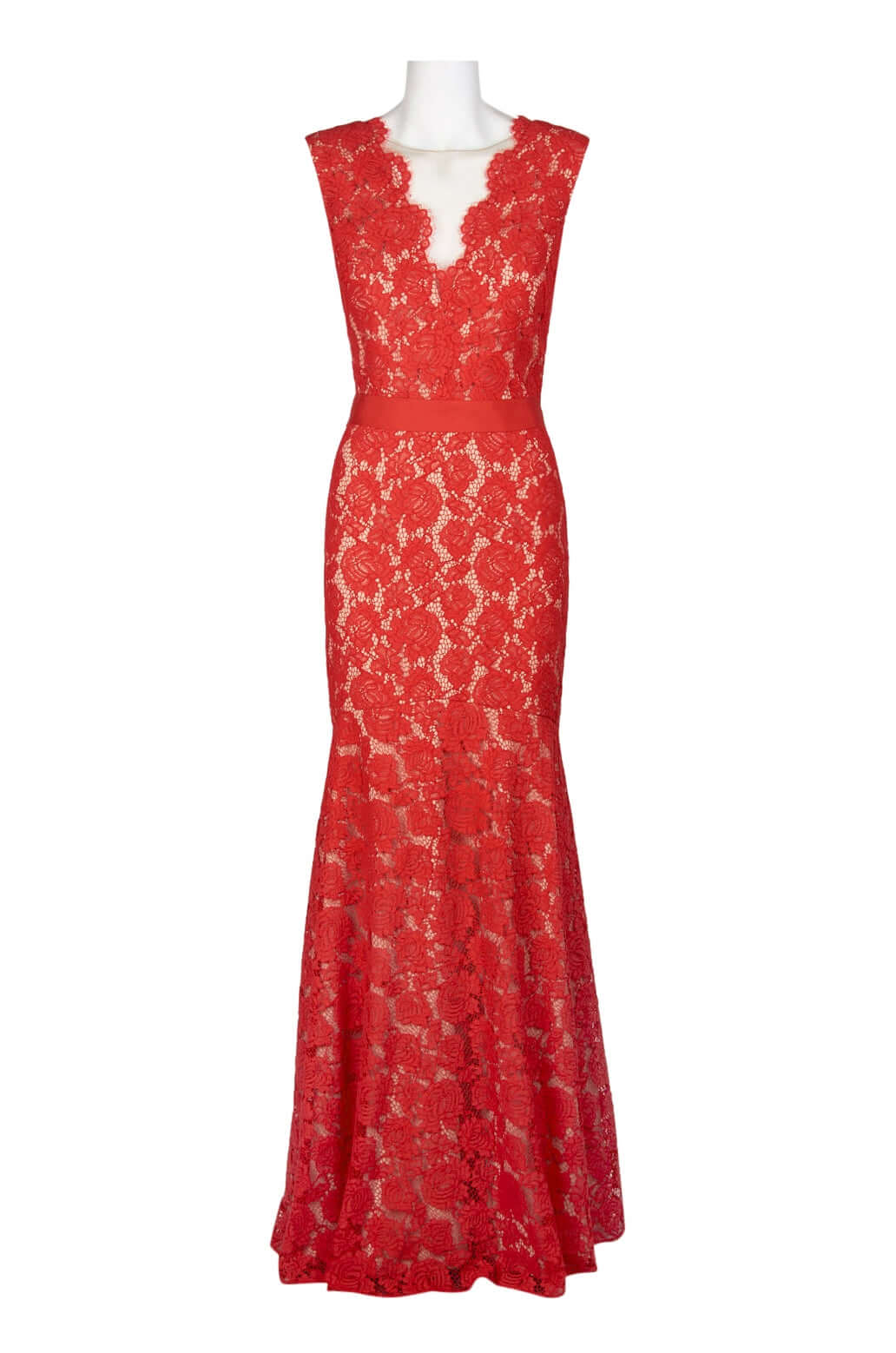 Theia Scalloped V-Neck Sleeveless Banded Waist Zipper Back Flutter Hem Floral Lace Gown - RED NUDE - Front