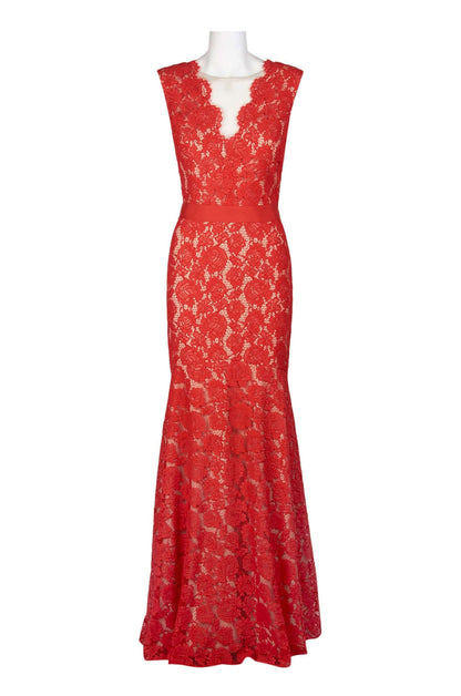 Theia Scalloped V-Neck Sleeveless Banded Waist Zipper Back Flutter Hem Floral Lace Gown - RED NUDE - Front