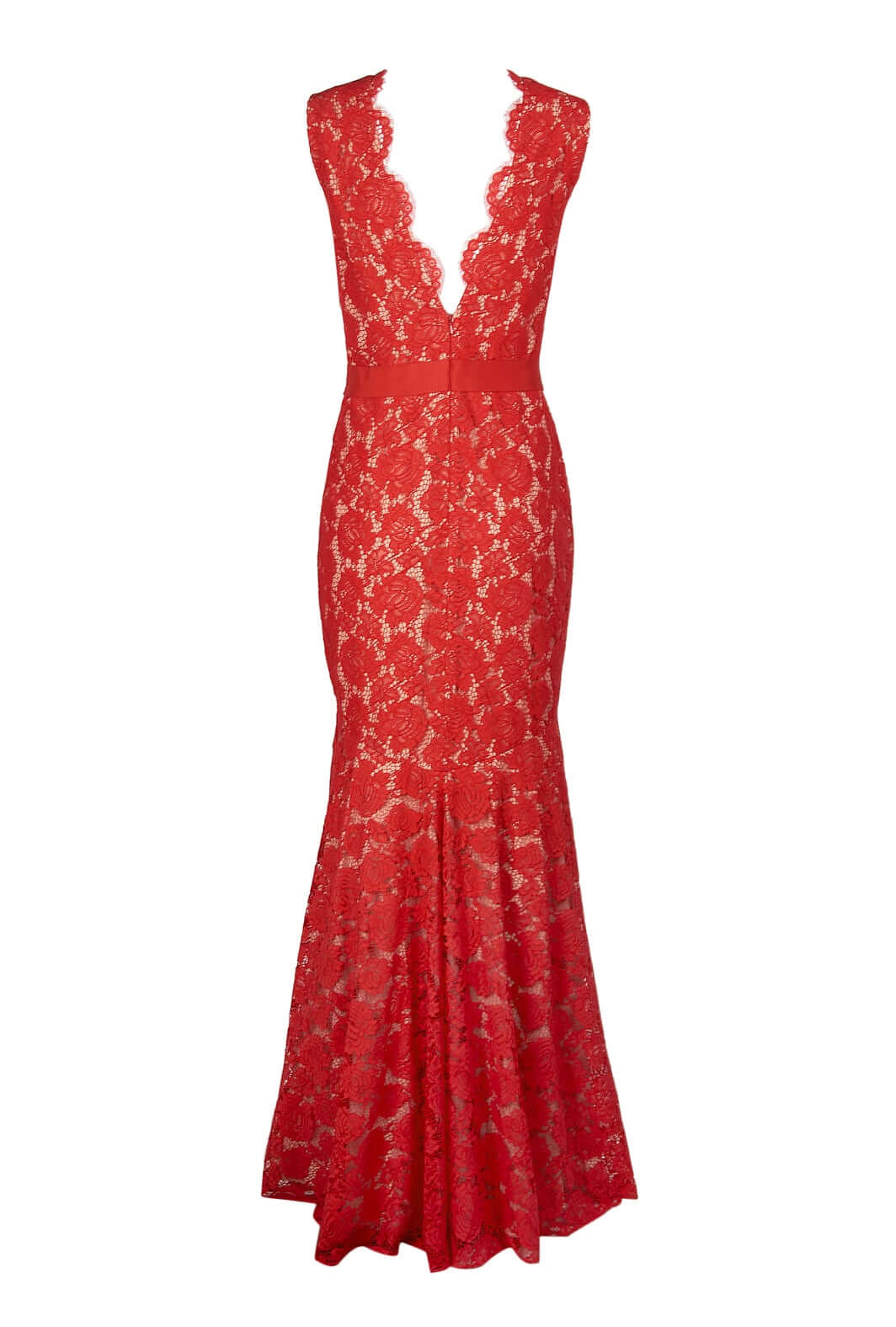 Theia Scalloped V-Neck Sleeveless Banded Waist Zipper Back Flutter Hem Floral Lace Gown - RED NUDE - Back