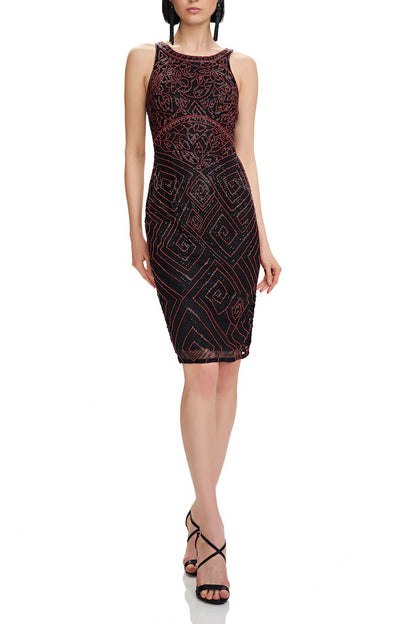 Theia Boat Neck Sleeveless Zipper Back Beaded Mesh Dress - CRIMSON - Front