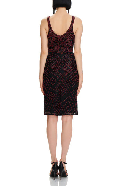 Theia Boat Neck Sleeveless Zipper Back Beaded Mesh Dress - CRIMSON - Back