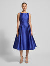 Bateau Midi Length Satin Twill Wedding Guest Dress with Pleated A Line Skirt and Pockets Adrianna Papell 41899070