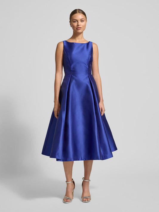 Bateau Midi Length Satin Twill Wedding Guest Dress with Pleated A Line Skirt and Pockets Adrianna Papell 41899070