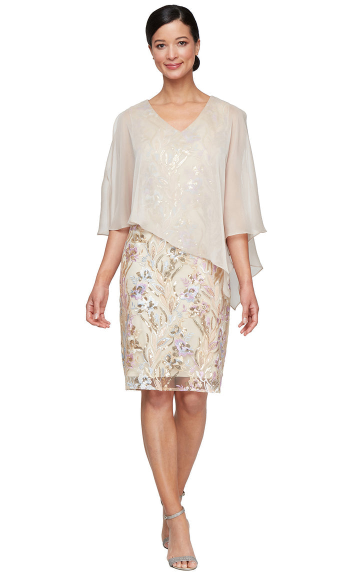 V-Neck Embroidered Sheath Cape Dress SL Fashions 9120315