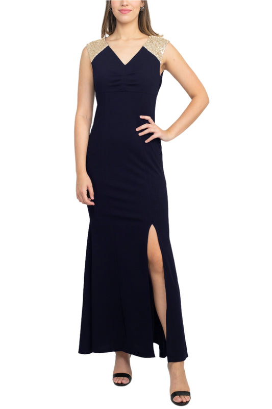 SL Fashion V-Neck Sequined Shoulder Sleeveless Slit Front Zipper Back Dress - NAVY - FRONT 
