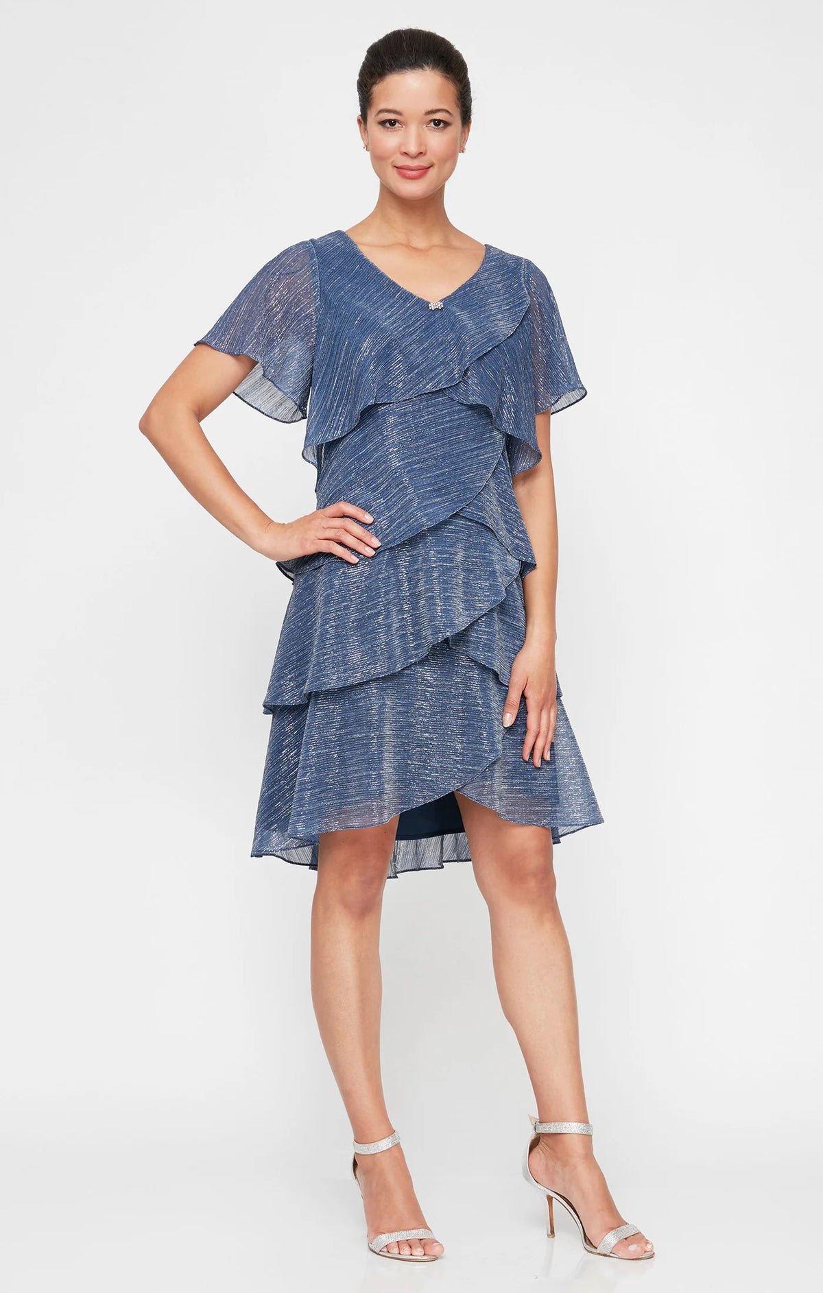 SL Fashions Shimmer Chiffon Tiered Short Dress 9155124
