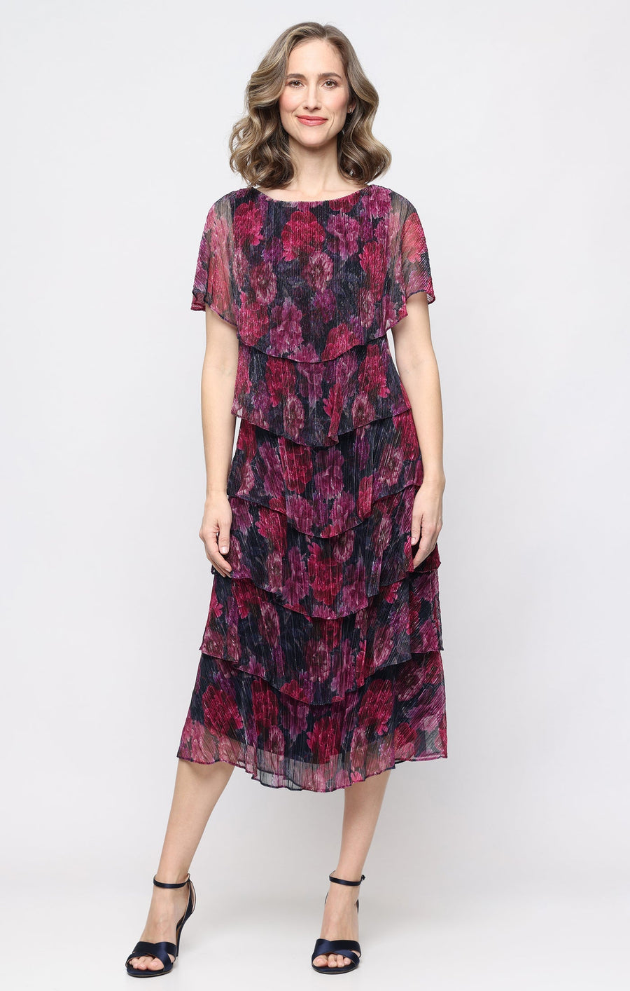 SL Fashions 9255295 Bateau Midi Mesh Tiered Floral Cocktail Dress Mettalic
