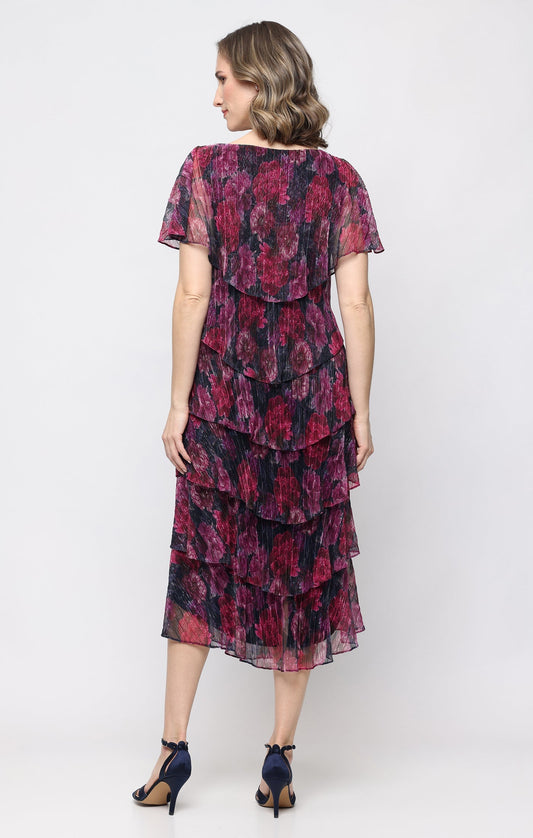 SL Fashions 9255295 Bateau Midi Mesh Tiered Floral Cocktail Dress Mettalic