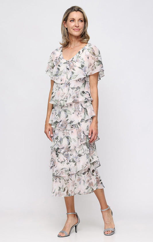 Short Ruffle Tea Length Print Cocktail Dress SL Fashions 9172136