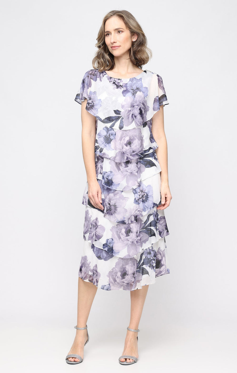 Scoop Neck Tea-Length Chiffon Cocktail Tiered Ruffle Dress SL Fashions 9172203
