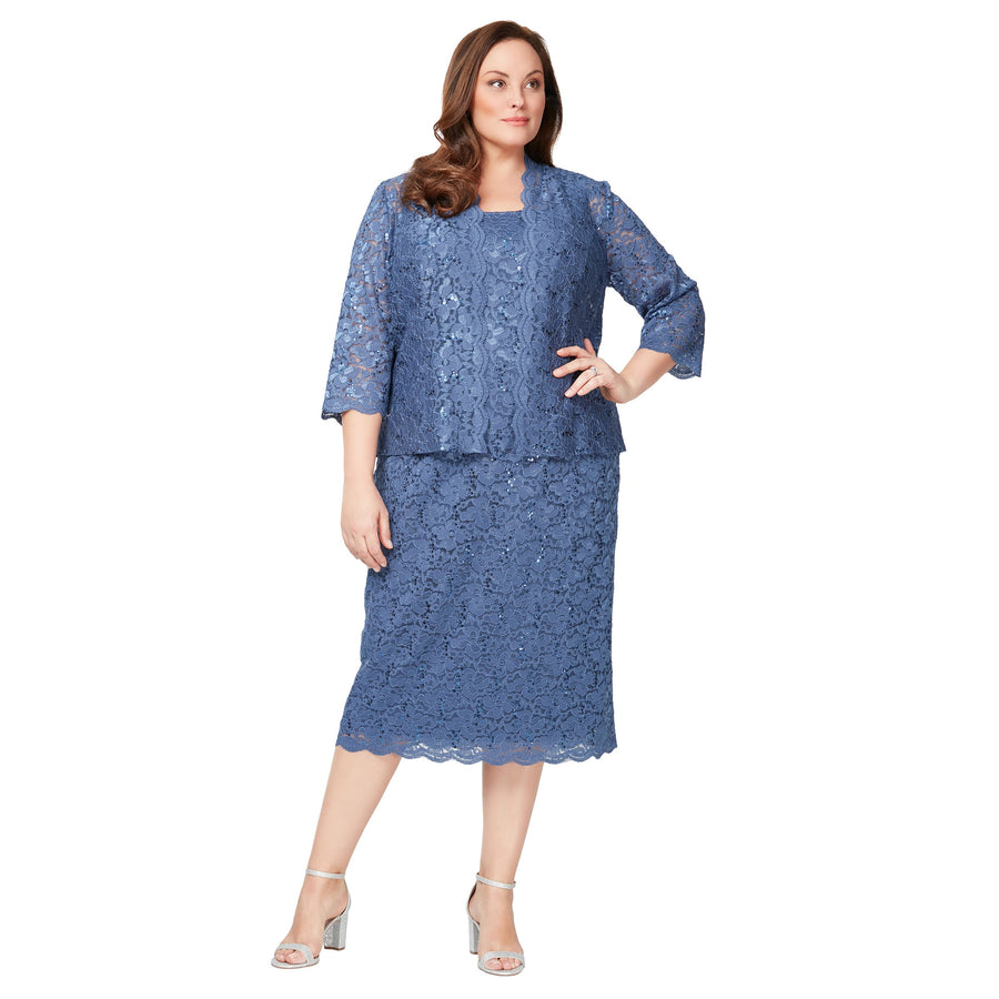 Two Piece Plus Size Lace Tea Length Jacket Dress SL Fashions 9413104