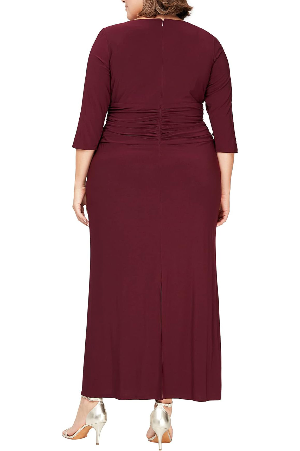 SL Fashion Long Length Ruched Waist Beaded Illusion 3/4 Sleeves Matte Jersey Dress ( Plus Size ) - FIG - Back