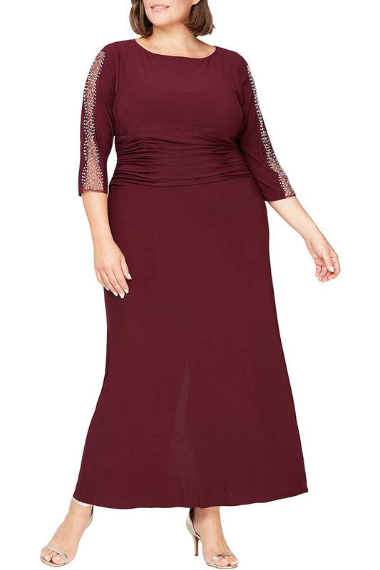 SL Fashion Long Length Ruched Waist Beaded Illusion 3/4 Sleeves Matte Jersey Dress ( Plus Size ) - FIG - Front 