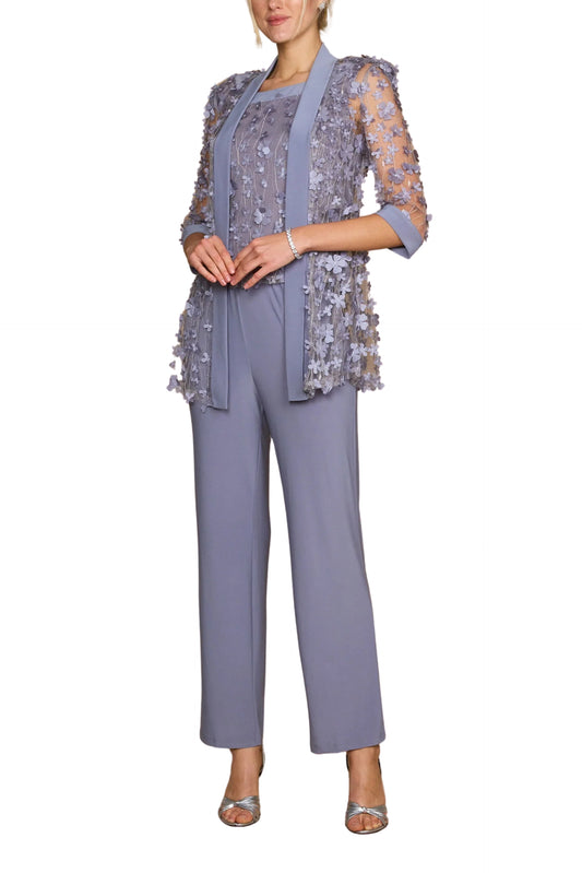 R&M Richards Scoop Neckline Sleeveless Top Floral Applique Jacket Tailored Pants Suit Set Dress (Plus Size) - SILVER - Front