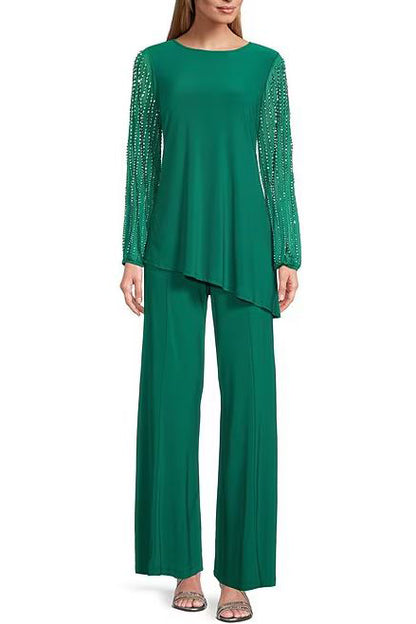 Marina Boat Neck Embellished Chiffon Long Sleeve Asymmetrical Hem and Elastic Mid Waist Wide Leg ( Plus Size ) - EMERALD - Front