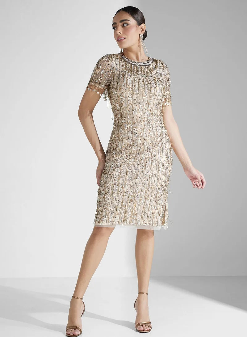 Plus Size Dresses Round Neck Sleeveless Sequin Midi Dress for Evening Wear Light