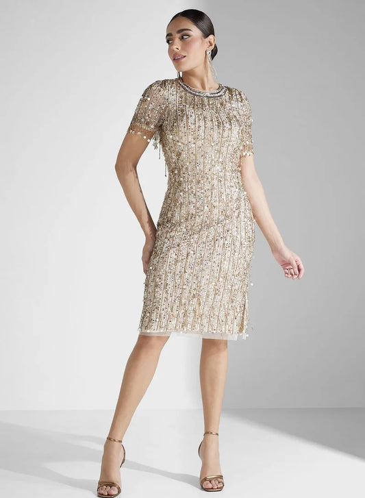 Plus Size Dresses Round Neck Sleeveless Sequin Midi Dress for Evening Wear Light