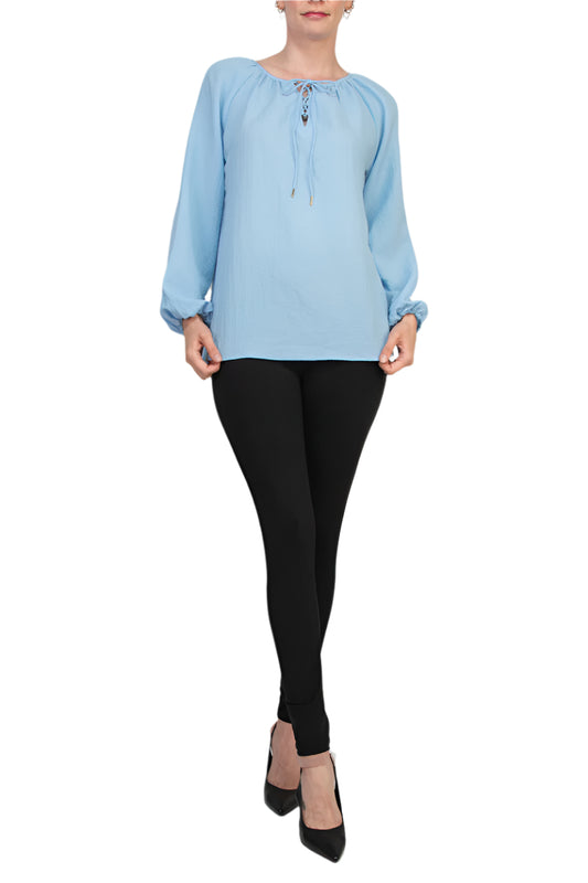 Counter Parts Tie Lace Round Neck Long Bishop Elastic Cuffs Sleeves Blouse - BLUE SKY - Front