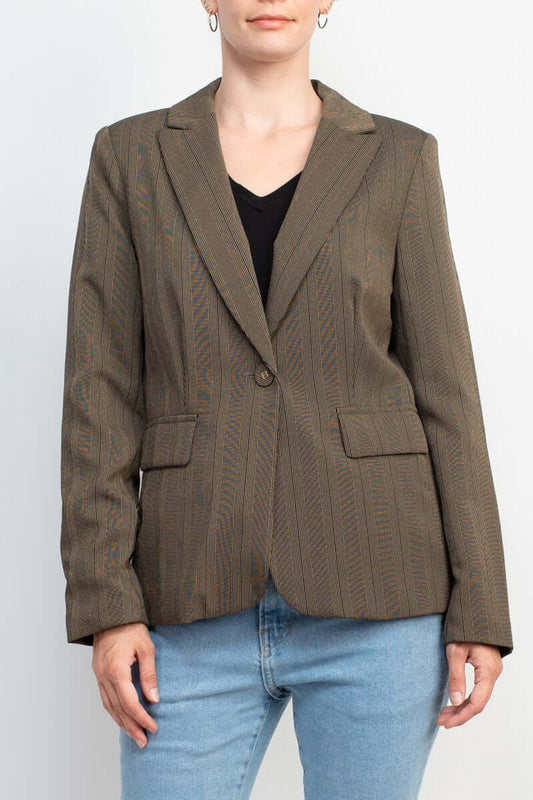 Danillo Notched Collar One Button Long Sleeve Solid Gabardine Blazer - BROWN STRIPE - FRONT 