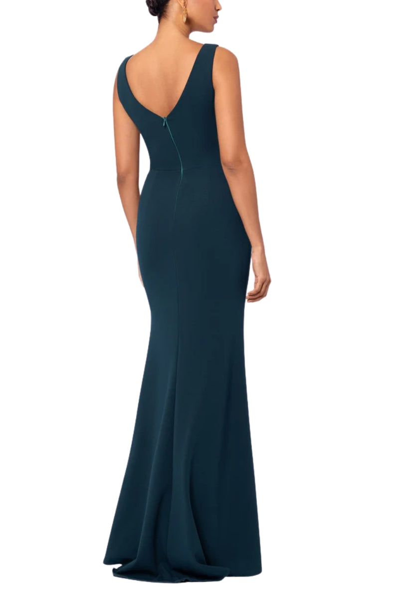 Betsy and Adam Christine Boat Neck V-Cut Back Neckline Drape Ruffled High Front Slit Mermaid Gown Dress