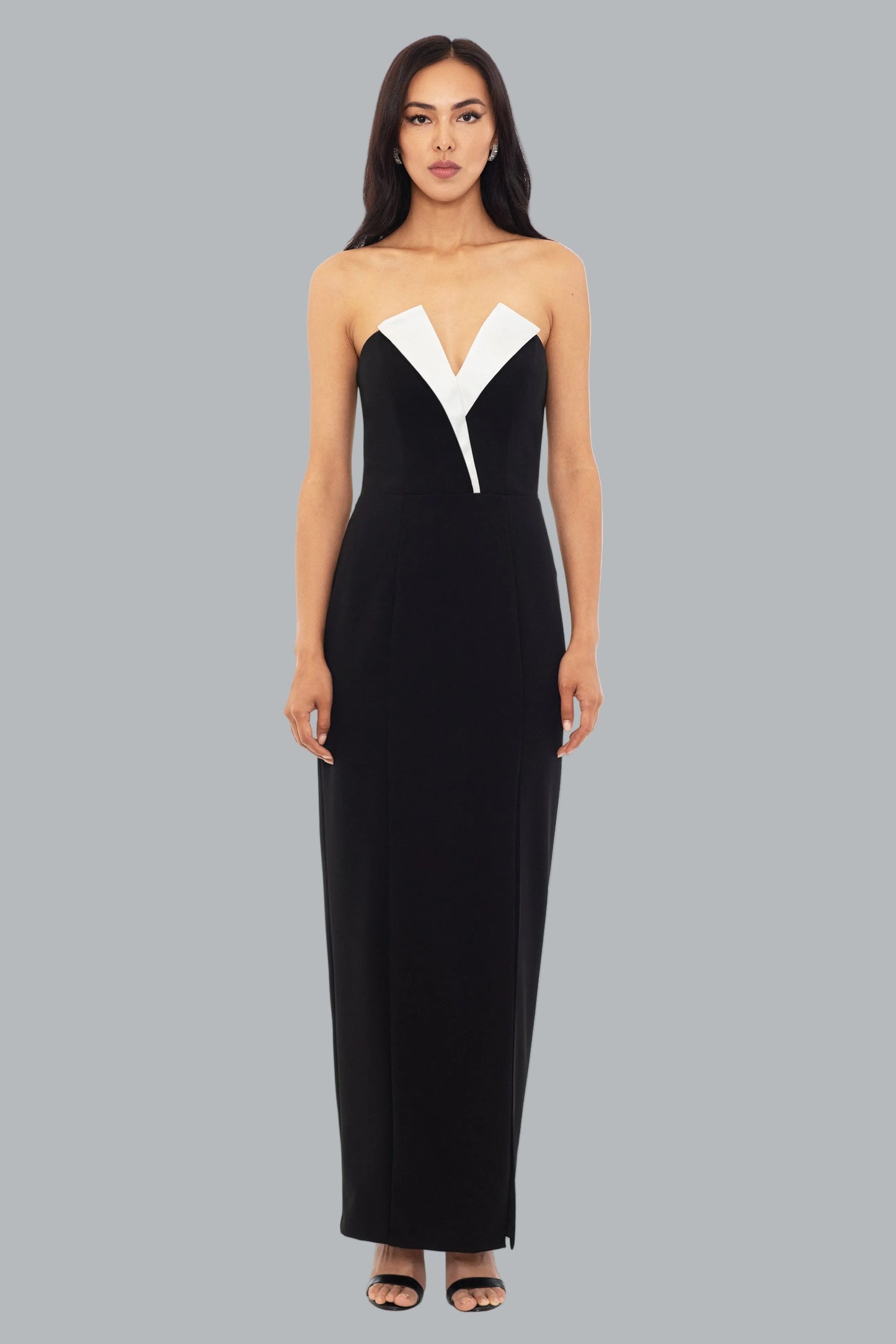 V-Neck Floor-Length Crepe Formal Sheath Column Betsy and Adam A24228
