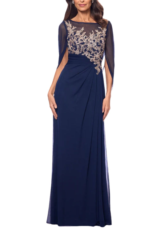 Betsy and Adam Willa Boat Neck Sheer Cape Sleeves Embroidered Embellished Bodice Back Zipper Fit Draped Skirt Dress - NAVY ROSE - Front