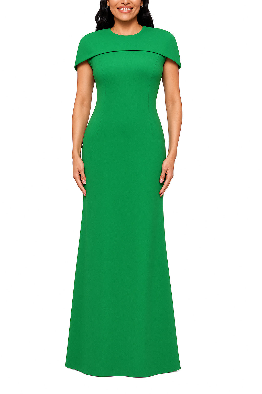 Betsy and Adam Shanice Cape Overlay Neckline Back Zipper Sheath Silhouette Floor Length Dress