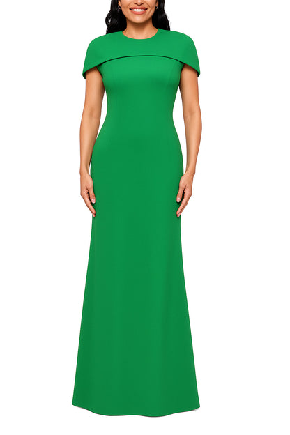 Betsy and Adam Shanice Cape Overlay Neckline Back Zipper Sheath Silhouette Floor Length Dress