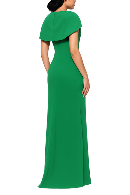 Betsy and Adam Shanice Cape Overlay Neckline Back Zipper Sheath Silhouette Floor Length Dress