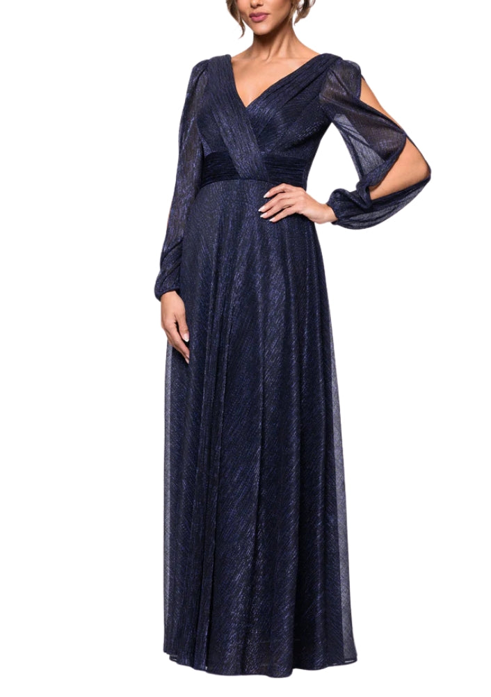 Betsy and Adam Cheryl Front Back V-Neckline Long Cutout Sheer Sleeves Wrap-Style Bodice Back Zipper Fit and Flare Dress