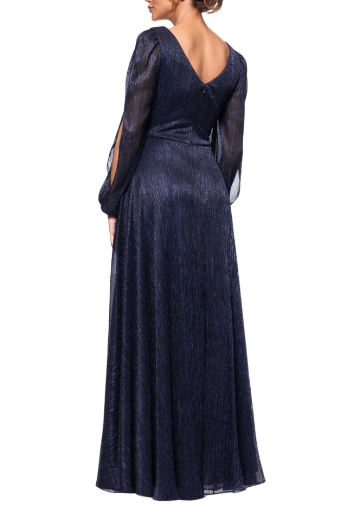 Betsy and Adam Cheryl Front Back V-Neckline Long Cutout Sheer Sleeves Wrap-Style Bodice Back Zipper A-Line Dress - NAVY ROYAL - Back
