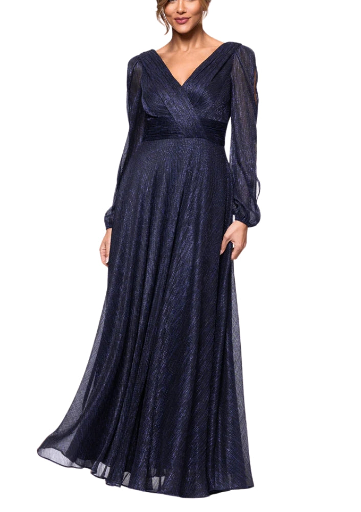 Betsy and Adam Cheryl Front Back V-Neckline Long Cutout Sheer Sleeves Wrap-Style Bodice Back Zipper A-Line Dress - NAVY ROYAL - Front