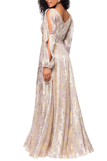 Betsy and Adam Marla Deep V-Neckline Long Billowy Cutout Sleeves Back Zipper Wrap-Style Bodice Dress