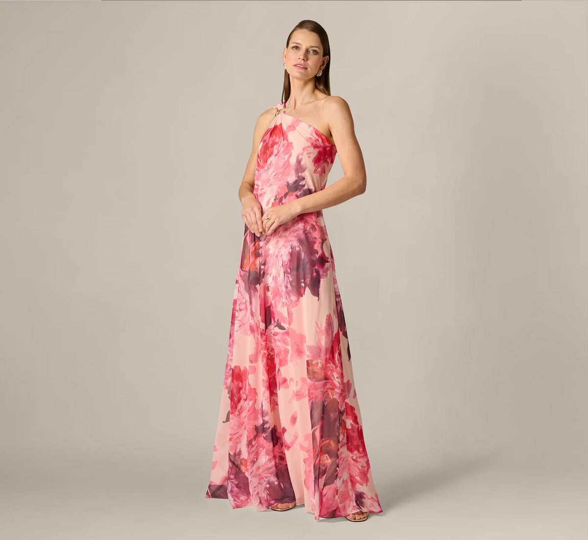 One-Shoulder Peony Floral Chiffon Scarf Gown Aidan Mattox MD1E209994