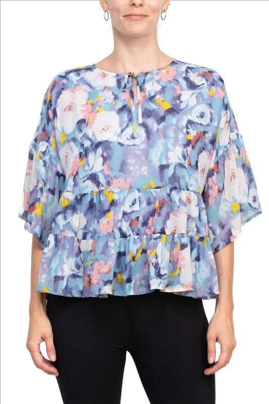 Adyson Parker Crew Neck Tie Neck Keyhole Front Flounce Sleeve Chiffon Top