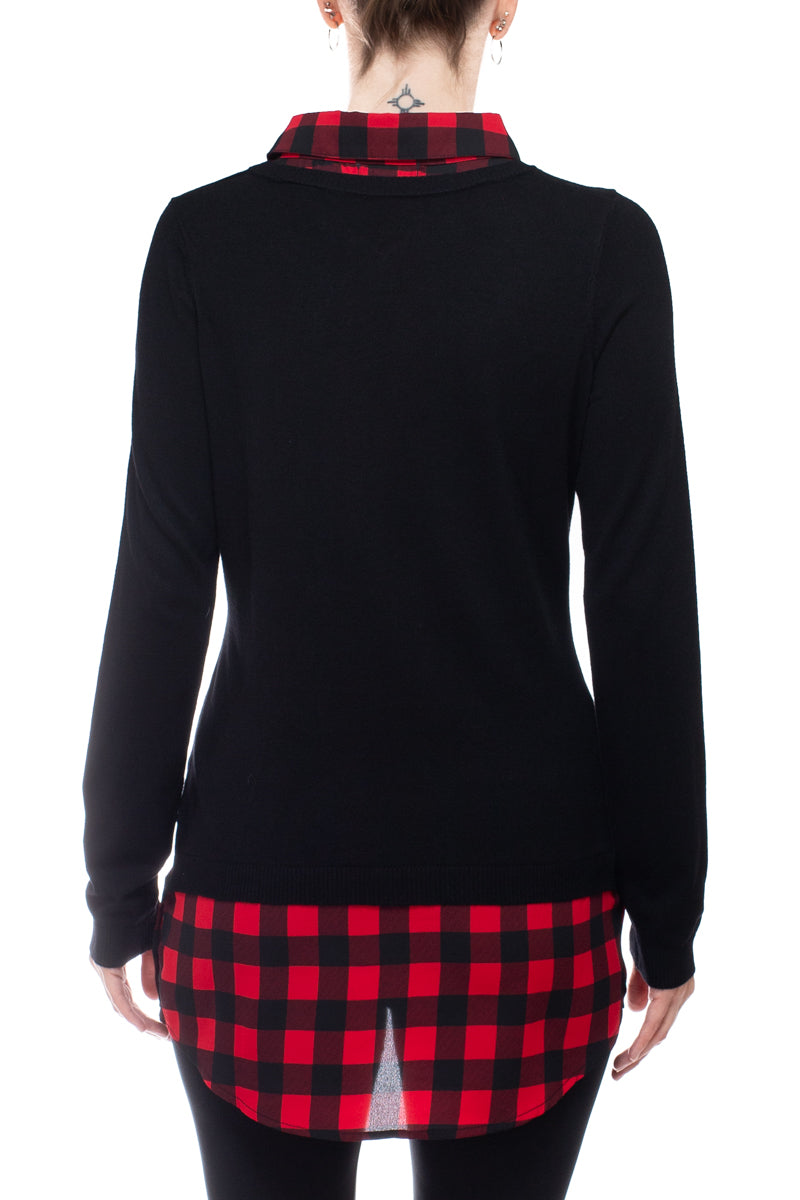 Adrianna Papell Collared Long Sleeve Twofer Viscose Top - Wholesale - BLACK RED - Back 