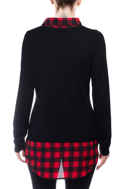 Adrianna Papell Collared Long Sleeve Twofer Viscose Top - Wholesale - BLACK RED - Back 