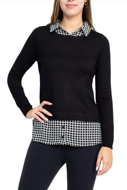 Adrianna Papell Collared Long Sleeve Twofer Viscose Top - Wholesale - BLACK - Front 