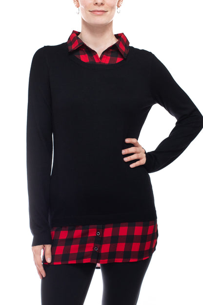 Adrianna Papell Collared Long Sleeve Twofer Viscose Top - Wholesale - BLACK RED - Front 