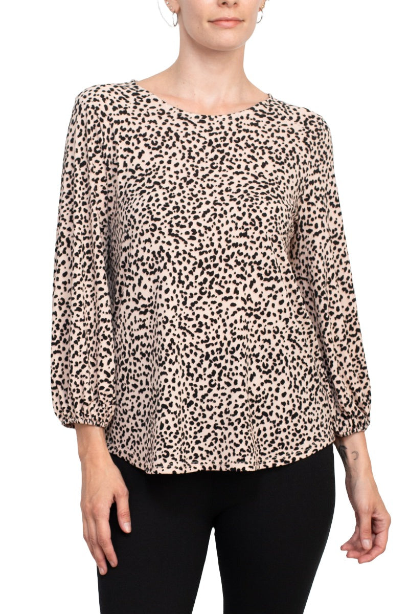 Adrianna Papell Crew Neck 3/4 Sleeve Elastic Cuff Multi Print Keyhole Back Button Closure Knit Top - Wholesale - TAN SHADOW LEOPARD - Front 