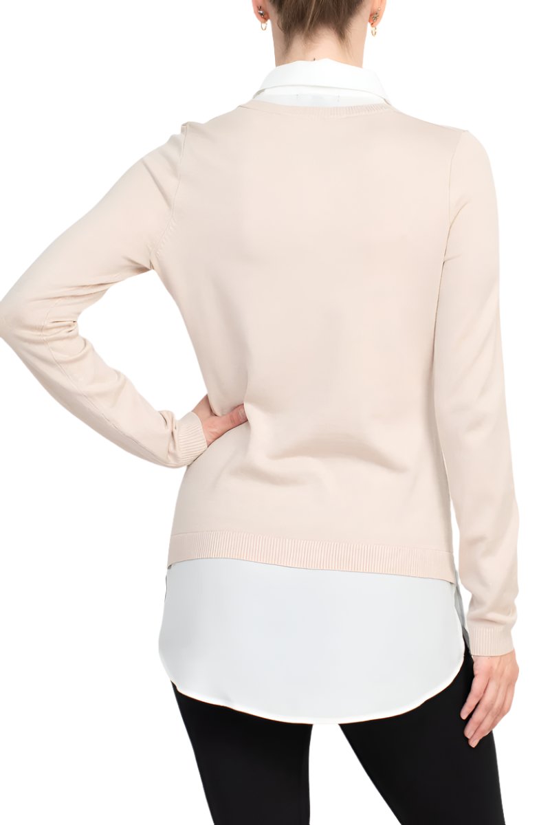 Adrianna Papell Shell V-neck Sheath Lsyered Twofer Sweater - Wholesale - CHAMPAGNE BLUSH IVORY - Back 