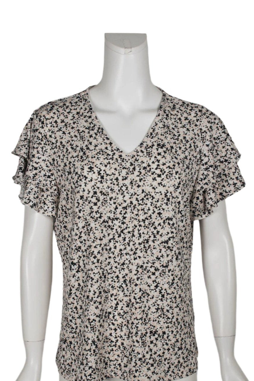 Adrianna Papell V-Neck Double Flutter Short Sleeve Printed Knit Moss Crepe Top - CHAMPAGNE MULTI - Front 