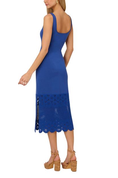 Adrianna Papell Scoop Neckline Sleeveless Tank Straps Fitted Bodice Crochet Trimmed Sheath Dress - COBALT - Back