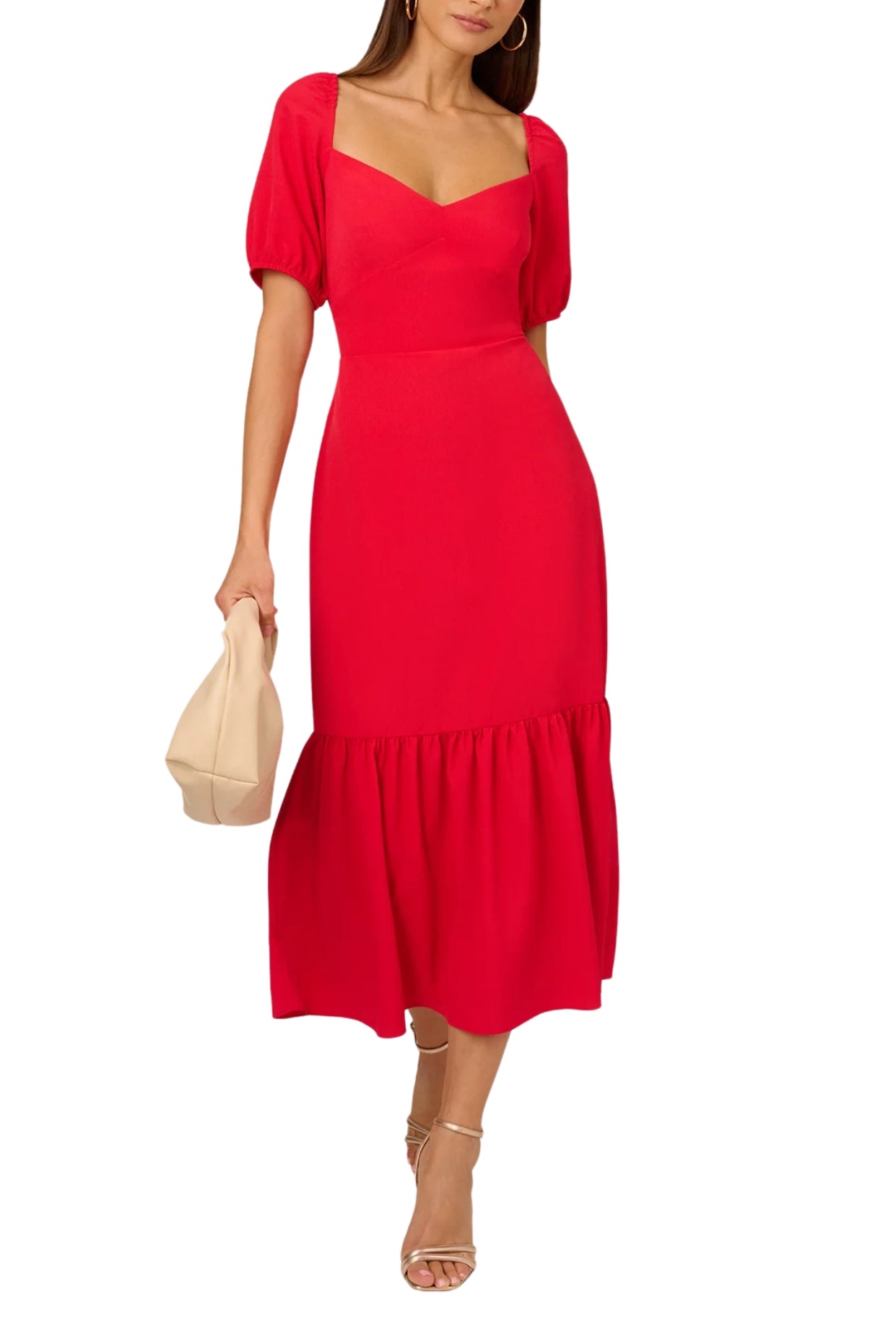 Adrianna Papell Solid Sweetheart Neckline Smocked Back Puff Short Sleeves Flounce Ruffle Hem A-Line Midi Dress - SCARLET - FRONT FULL VIEW
