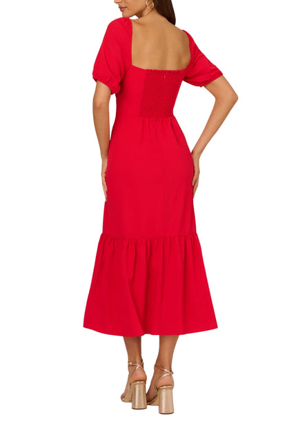 Adrianna Papell Solid Sweetheart Neckline Smocked Back Puff Short Sleeves Flounce Ruffle Hem A-Line Midi Dress - SCARLET - back 