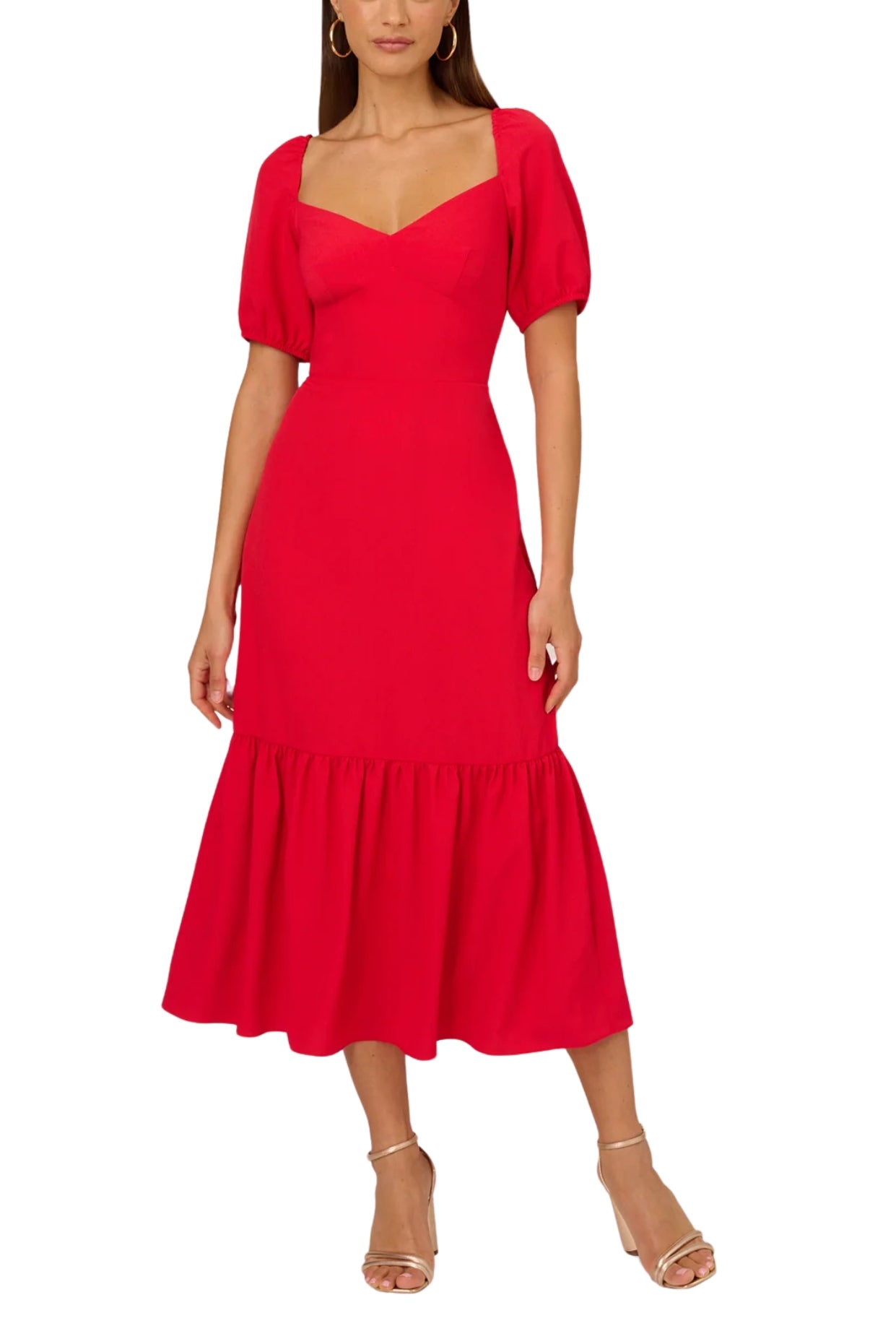 Adrianna Papell Solid Sweetheart Neckline Smocked Back Puff Short Sleeves Flounce Ruffle Hem A-Line Midi Dress - SCARLET - front