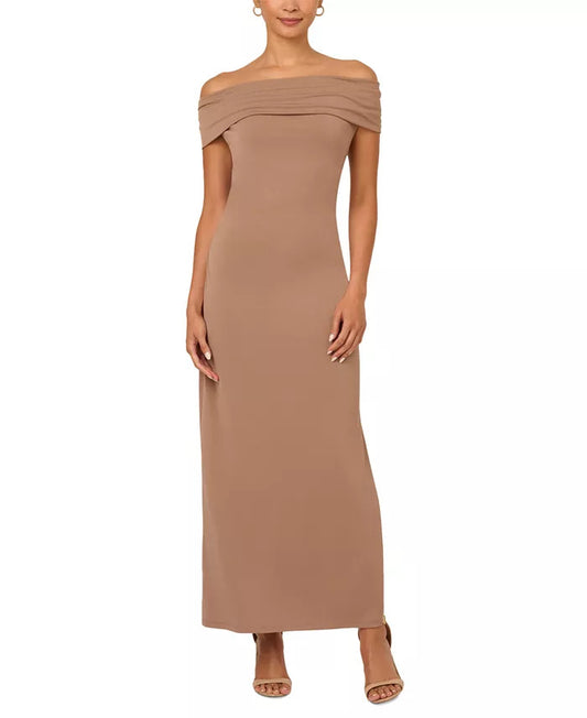 Adrianna Papell Off-The-Shoulder Long Column Dress - TAUPE - Front