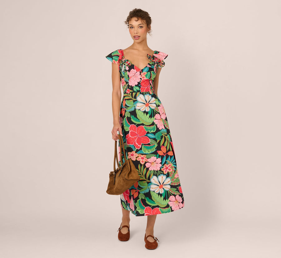 Wholesale 3D Tropical Floral Cotton A Line Midi Dress Adrianna Papell AD3D106291